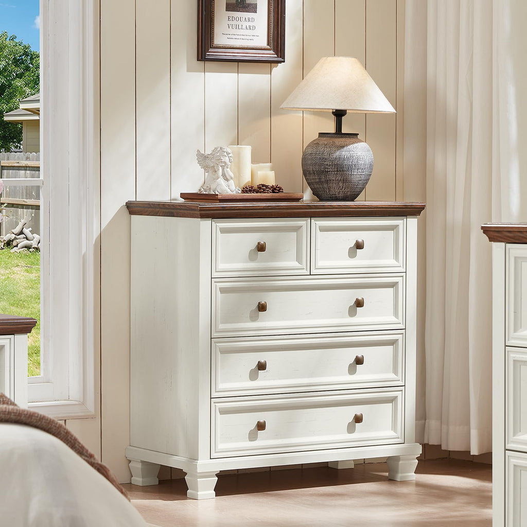 Farmhouse 5 Drawer Dresser Set of 2, 32.6 Inch Tall Modern Chest of Drawers, Mid Century Small Dressers w/Square