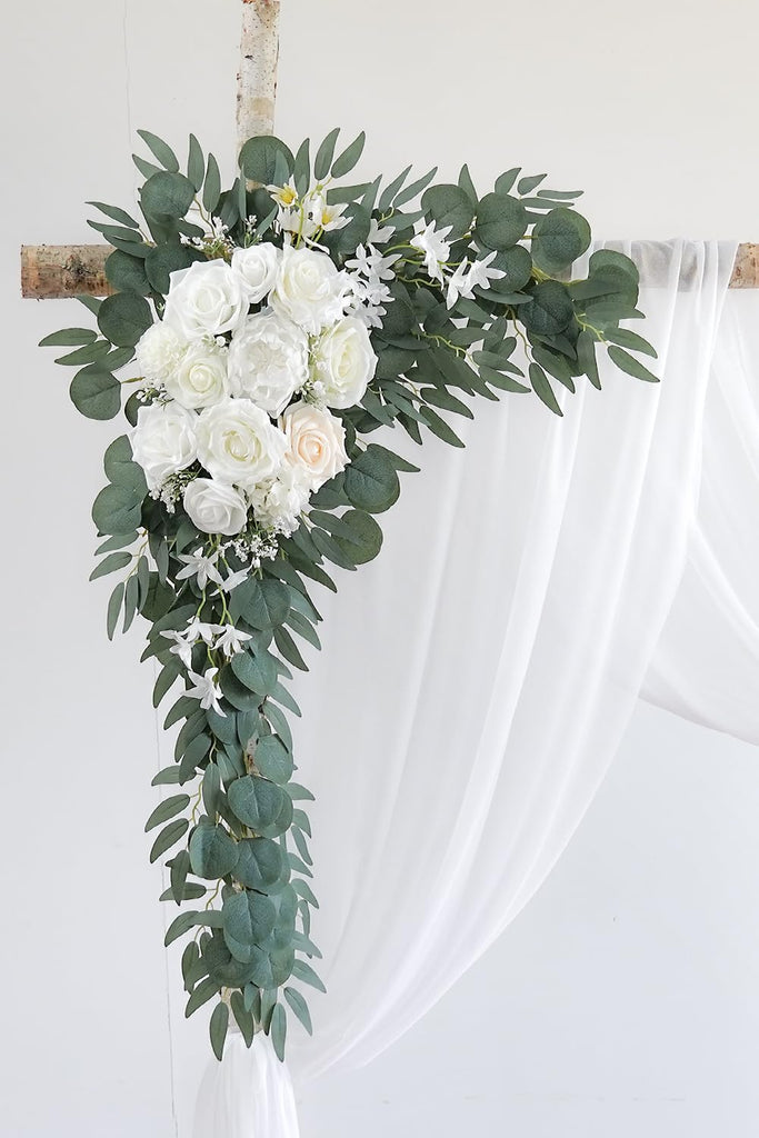 White Artificial Wedding Arch Flowers Kit (Pack of 3) with 26Ft White Shiny Arch Draping Fabric for DIY Wedding Party