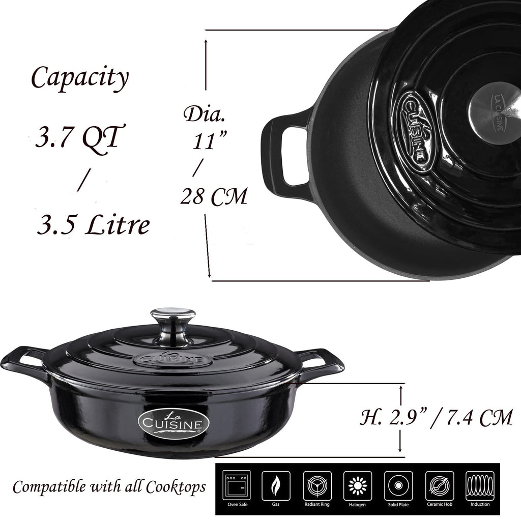 La Cuisine Enameled Cast Iron Braiser Sauté Pan Shallow Dutch Oven with Lid Internal Matt Black Enamel Coating 3.75