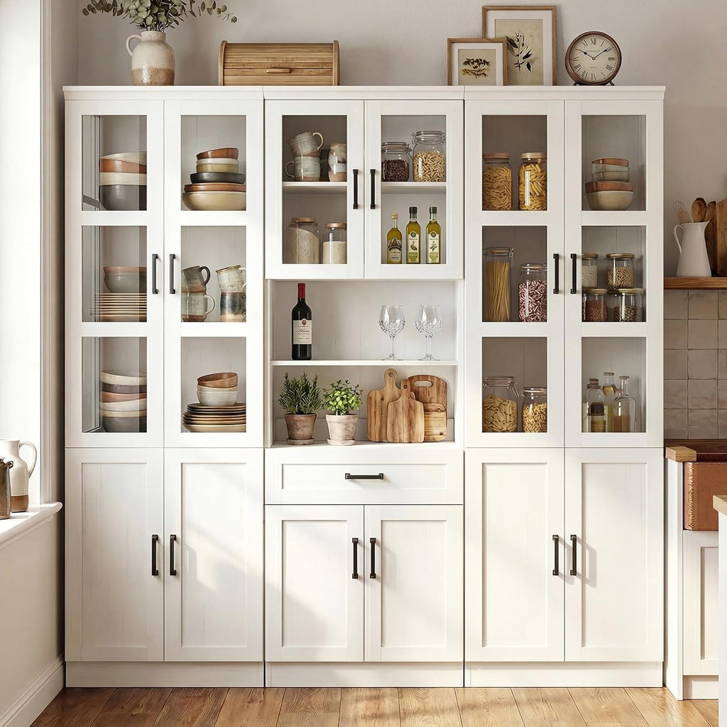 80" Tall Kitchen Pantry Storage Cabinet with Doors and Shelves | Freestanding Kitchen Hutch Pantry Cabinet with Glass