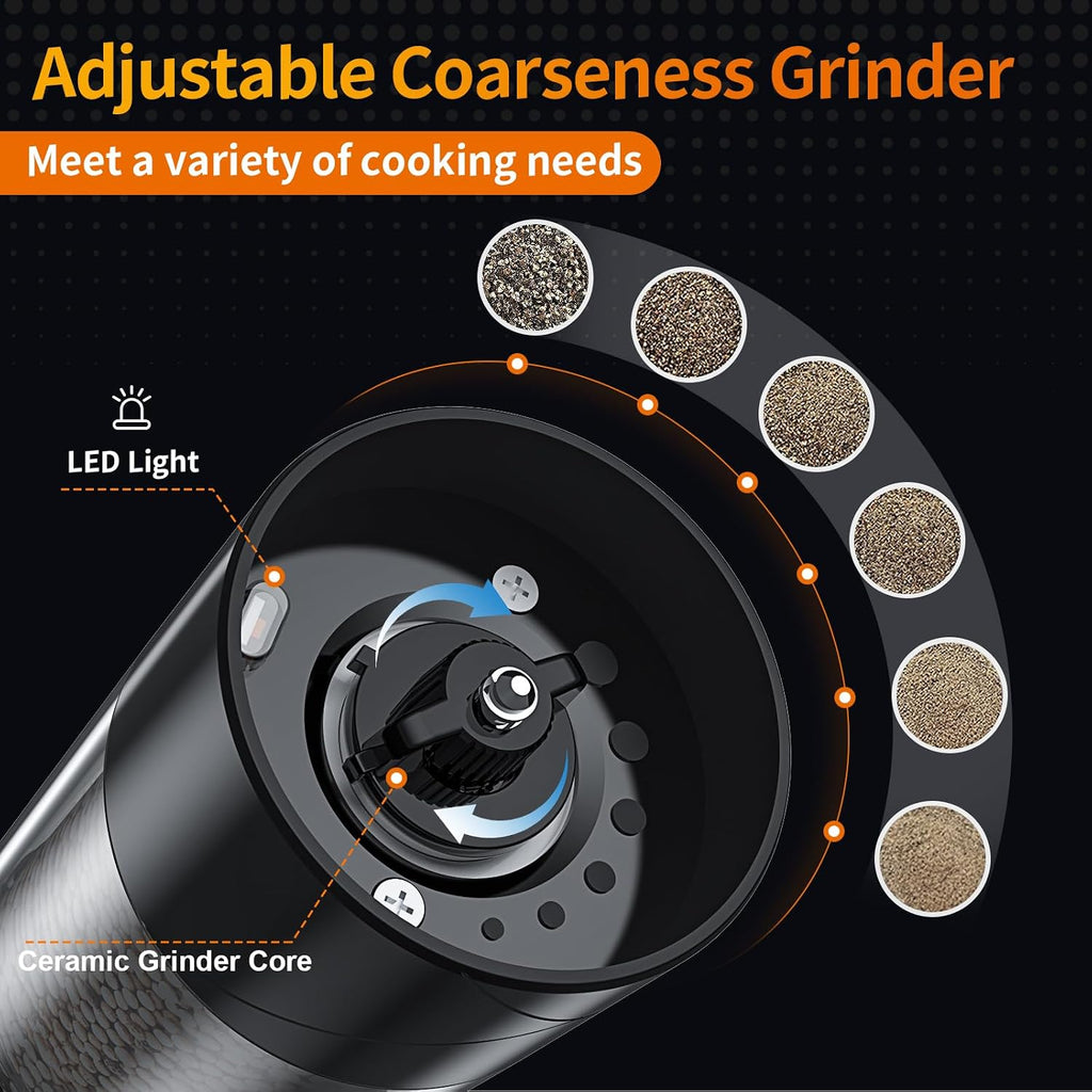 Electric Salt and Pepper Grinder Set USB Rechargeable with Warm LED Light, Adjustable Coarseness Large Capacity - Set of 2