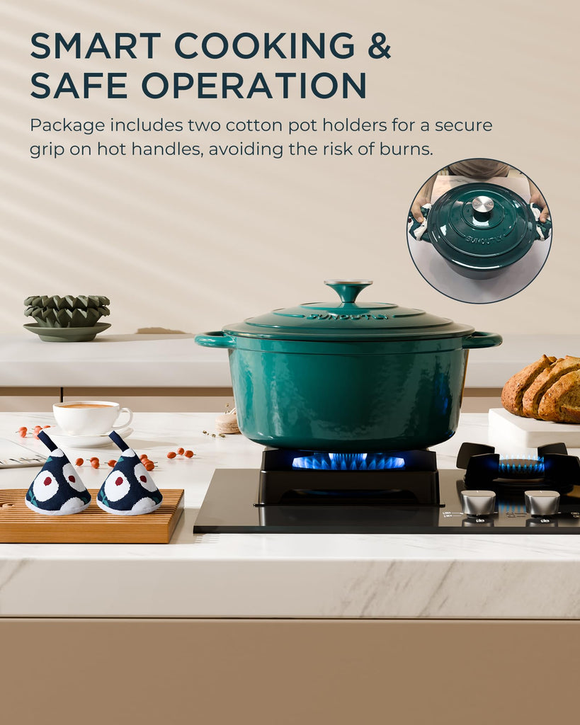 Enameled Cast Iron Dutch Oven, 7.5QT Pot with Lid, Bottle Green