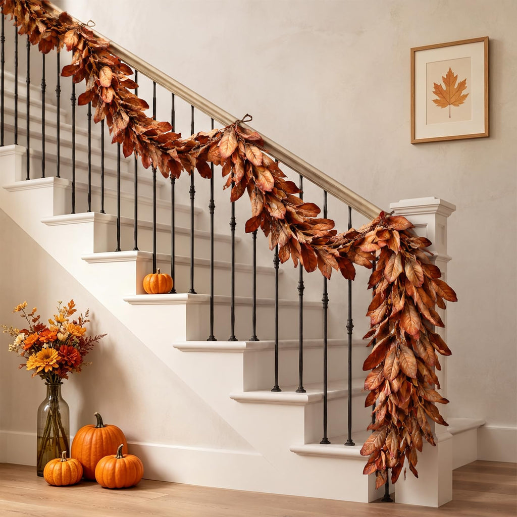 6 FT Artificial Fall Magnolia Leaf Garland for Fireplace Decoration(Orange)