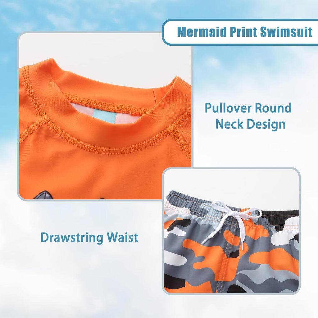 Boys Two Piece Rash Guard Swimsuits Set with Swim Trunk Kids Long Sleeve Bathing Suit Swimwear Set