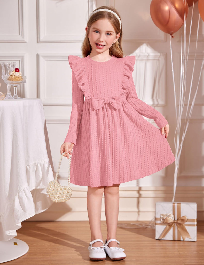 Toddler Girl Dress Ruffle Ribbed Knit Long Sleeve A-Line Swing Fall Winter Bowknot Casual Pink Dress with Pockets