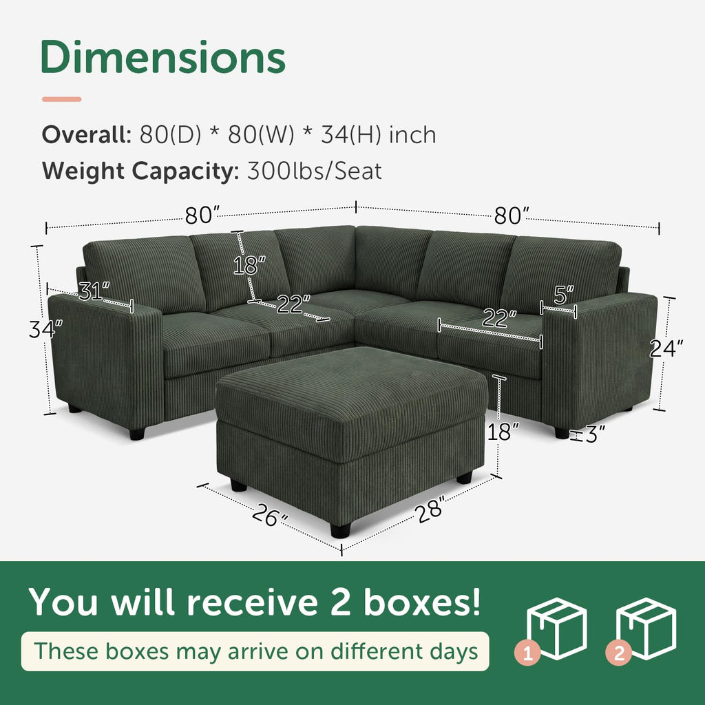 Corduroy Sectional Sofa with Storage Ottoman, 6 Seaters L Shaped Small Sectional Couch, Green