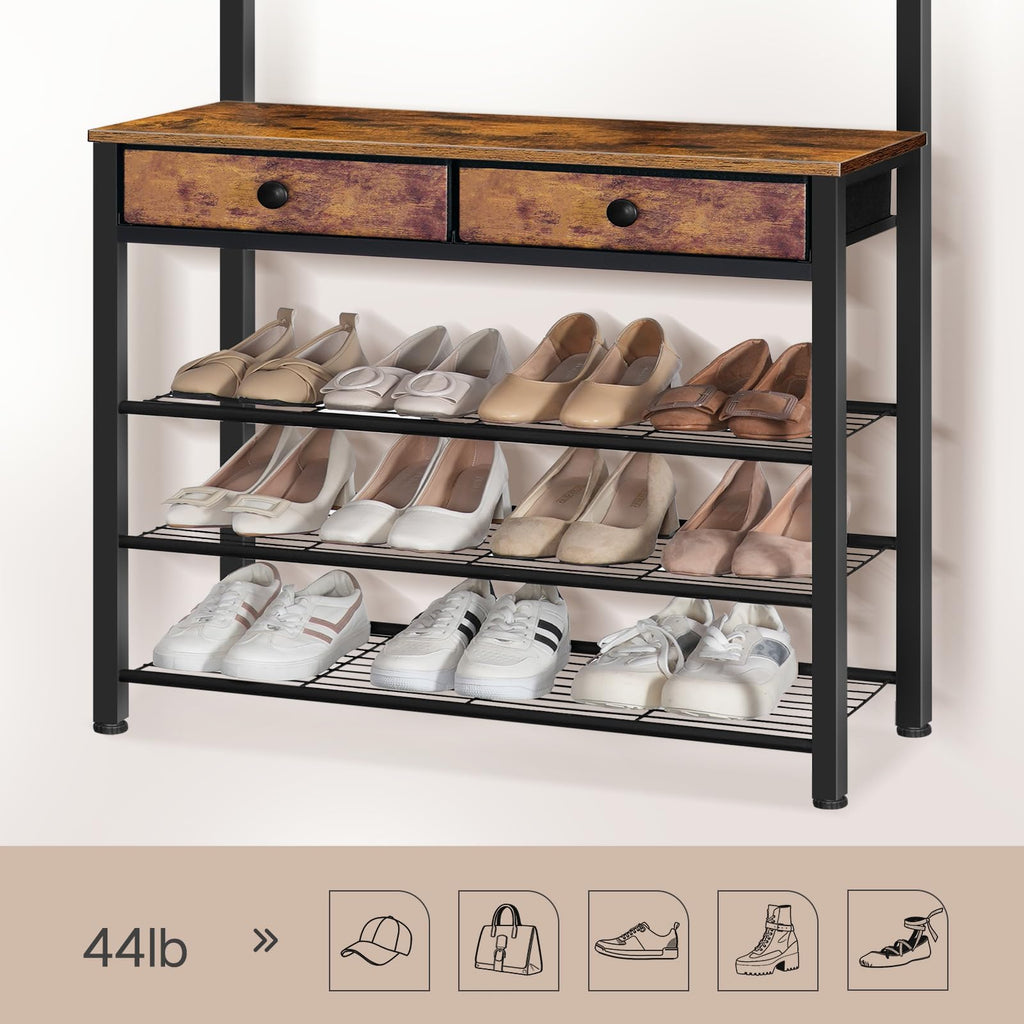 Hall Tree, Entryway Coat and Shoe Rack, 2 Fabric Drawers, Hall Tree with Bench, Shoe and Coat Rack, Coat Rack with