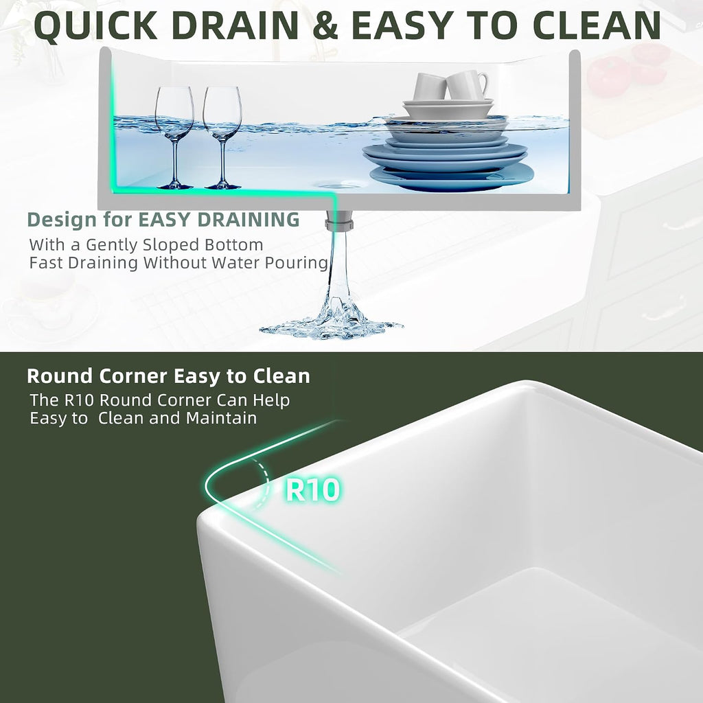 White Farmhouse Sink 33 inch Fireclay Apron Front Farm House Kitchen Sink Single Bowl Deep Drop In Undermount