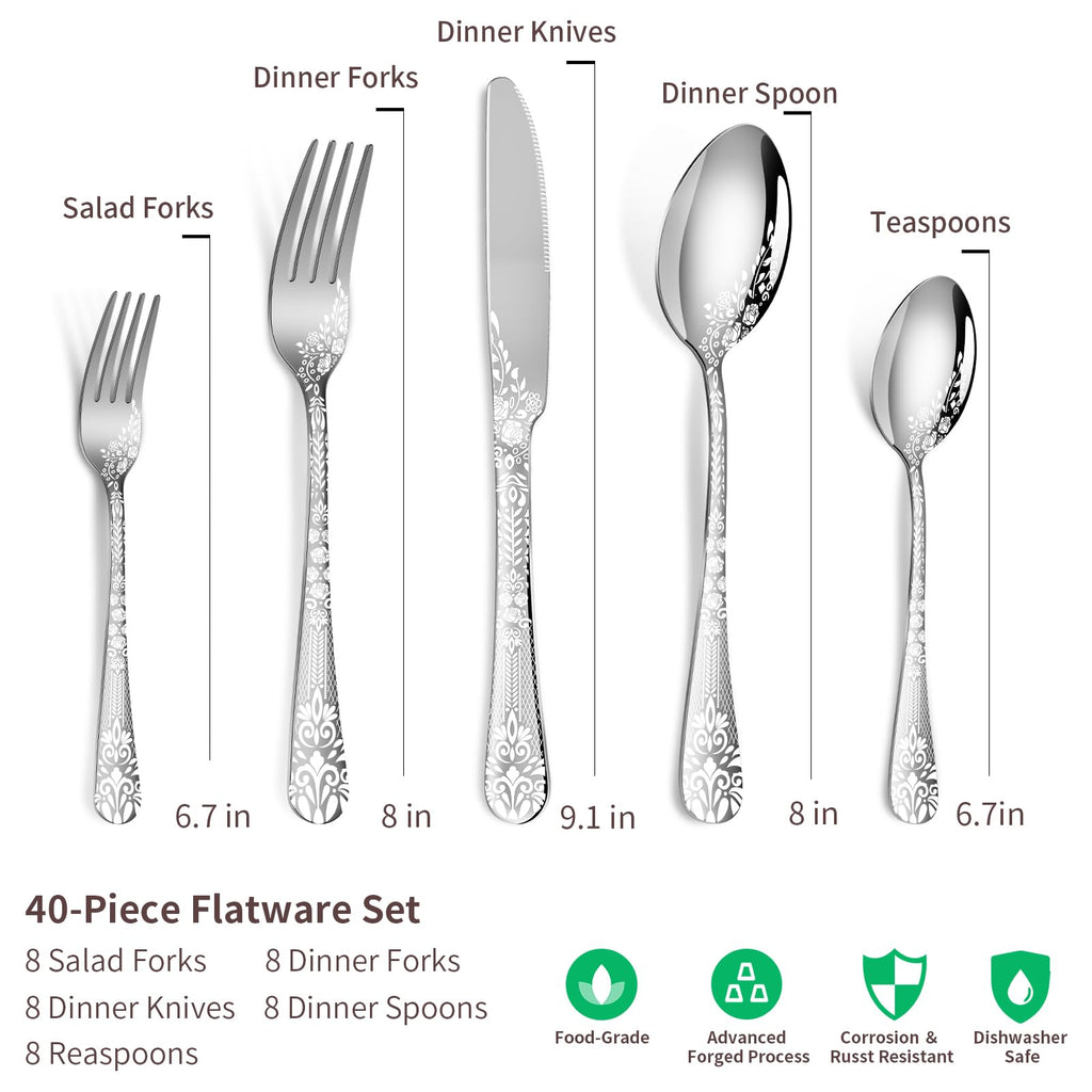 40 Piece Silverware Set, Stainless Steel Flatware Cutlery Set Service for 8, Mirror Polished Tableware Eating