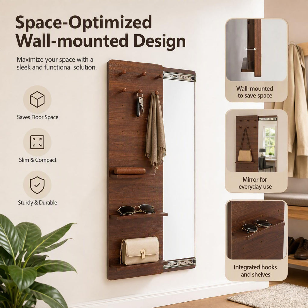 Hide Wall Mounted Mirror,Full Length Mirror with Shelf and Hooks,Space Saving Sliding Pegboard Wood Looking Glass
