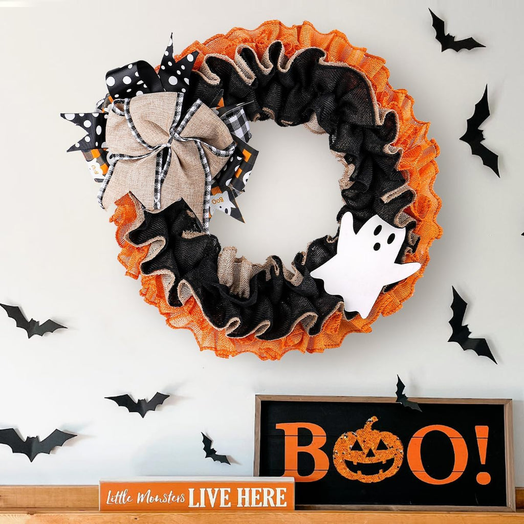 Halloween Boo Ghost Wreath, Burlap Wreath with Bows for Front Door, Farmhouse Favors Trick of Treat Props, Halloween