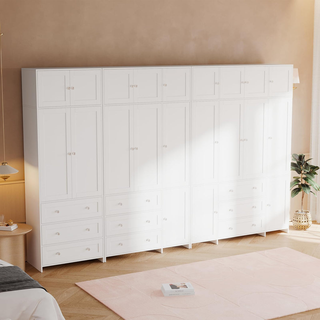 87" H Armoire Wardrobe Closet with Overhead Cabinets, Mirror & Rod