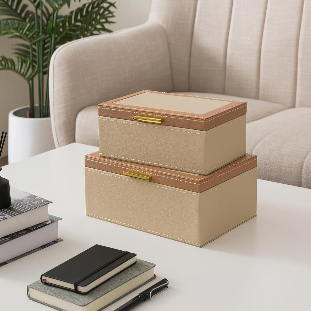 Two-Tone Faux Leather Boxes with Lids, Sand - Set of 2