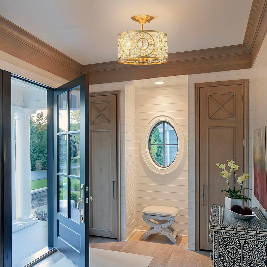 Semi Flush Mount Chandelier for Dining Room, 3-Lights Vintage Crystal Round Chandelier, Gold Retro Semi-Flush Mount
