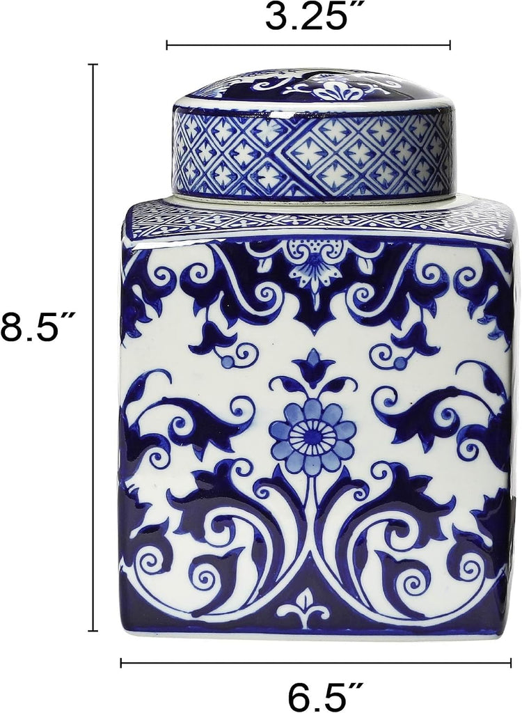 Decorative Square Ceramic Ginger Jar with Lid for Small Spaces, Blue and White