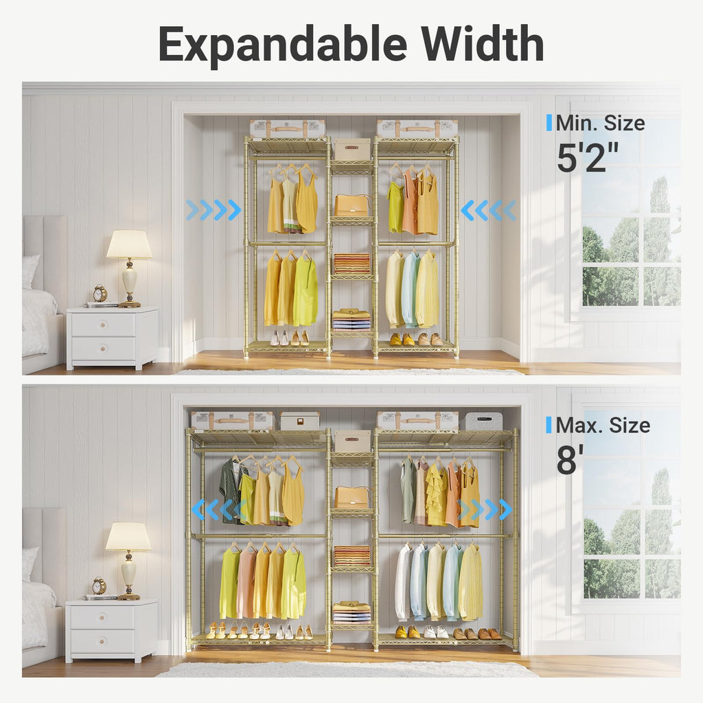 X3 Expandable Heavy Duty Clothes Rack Adjustable from 5'2" to 8' with Adjustable Shelves and Hanger Rods, Large