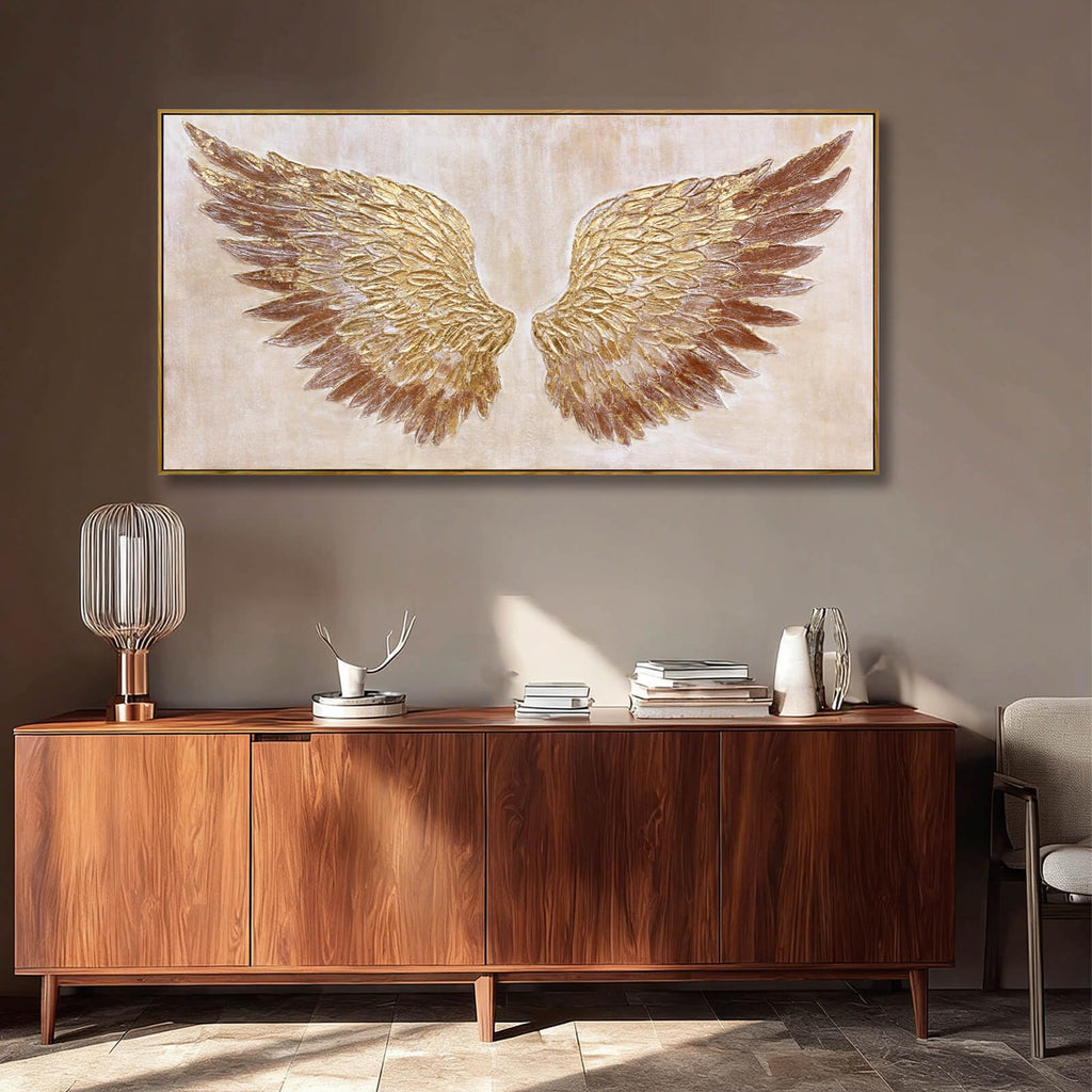 Gold Feather Wall Art, Textured Canvas Bedroom Home Decor 24"x48"