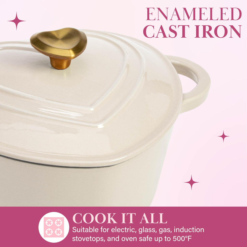 Enameled Cast Iron Dutch Oven Pot with Lid, Heart-Shaped Dutch Oven, Durable Cast Iron Pot with Dual Handles, Oven