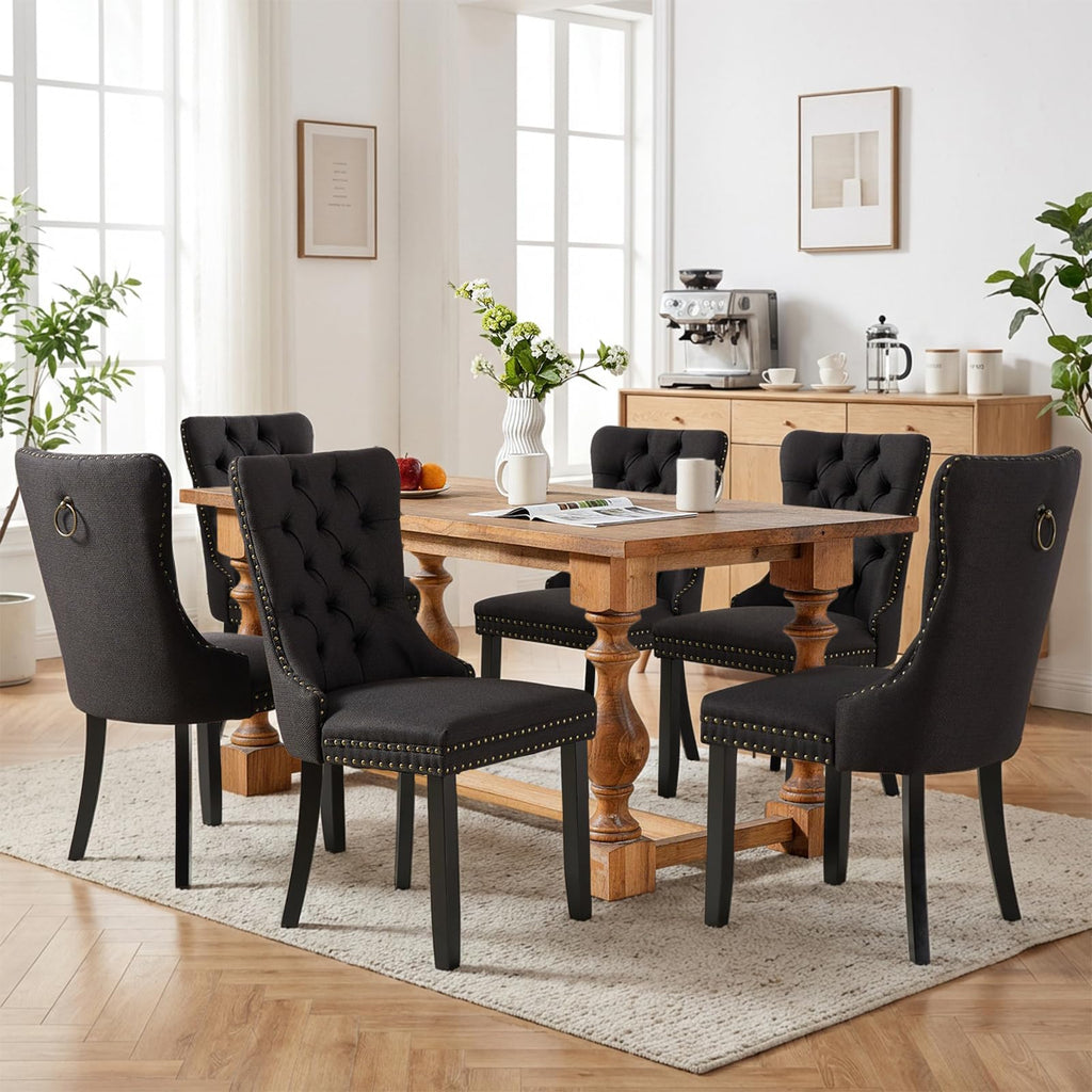 Linen Fabric Dining Chair Set of 2, Upholstered Tufted Dining Room Chair with Nailhead Trim and Solid Light Color