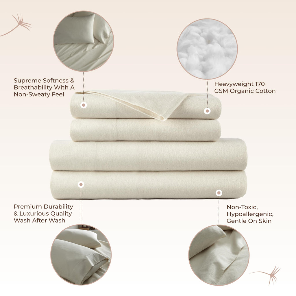 100% Organic Flannel Sheets - GOTS Certified 100% Cotton Flannel Sheets Set with Comfortable Soft Brushed