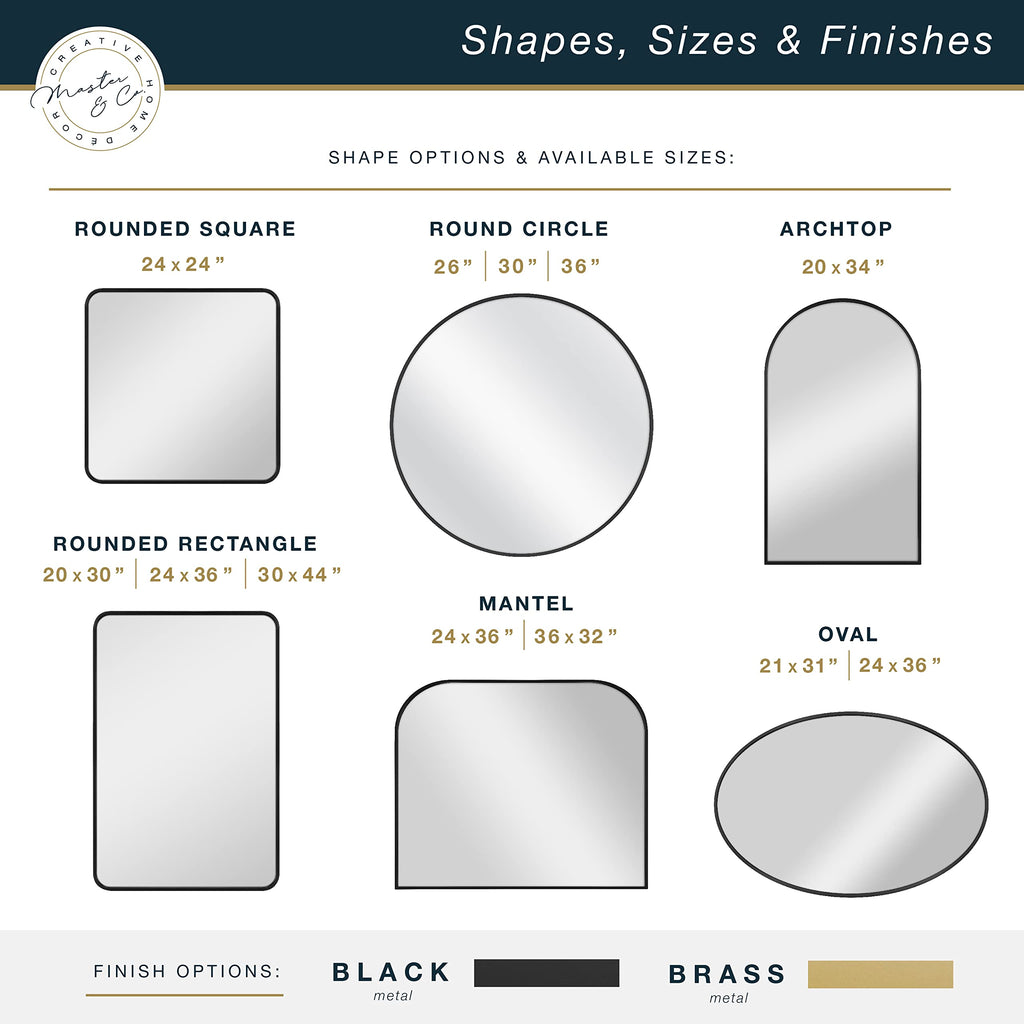 Master & Co. Modern Metal Large Wall Mirror, Minimalist Home Decor Mantle Arch Mirror, or Bathroom, 24 by 36 Inch