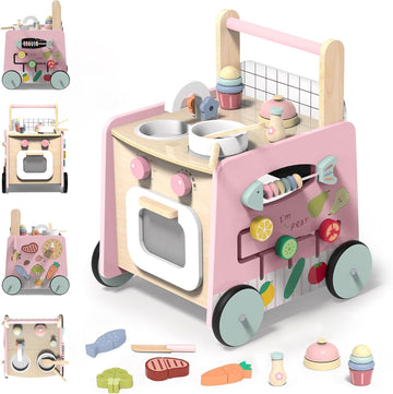 Wooden Baby Walker in-1 with Push Walker Toys, Play Kitchen Accessories, Toddlers Montessori Sensory Toys, Walking