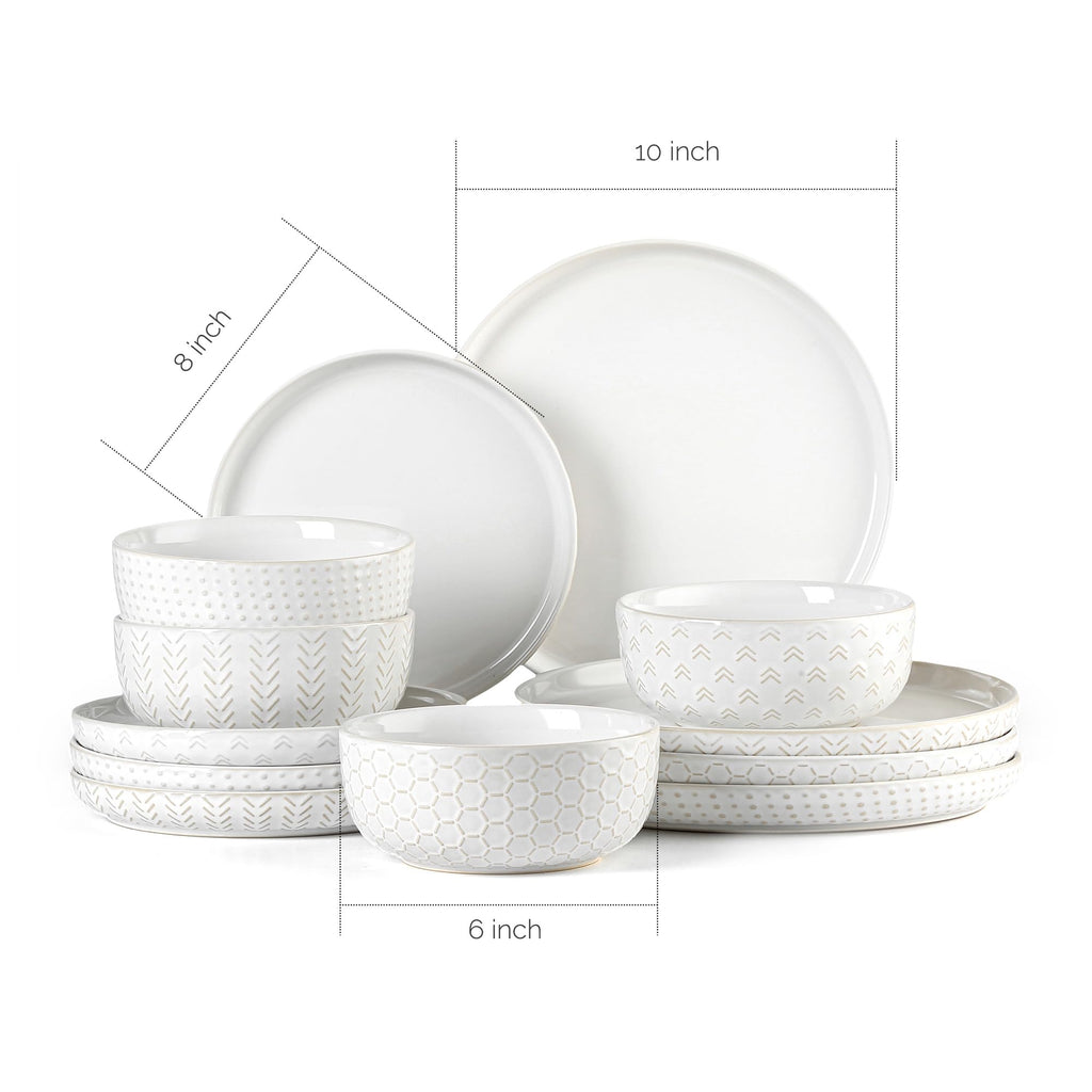 Stoneware Dinnerware Sets Service for 4, 12 pcs Reactive Glaze Plates and Bowls Sets, Embossed Boho Ceramic Dish Set