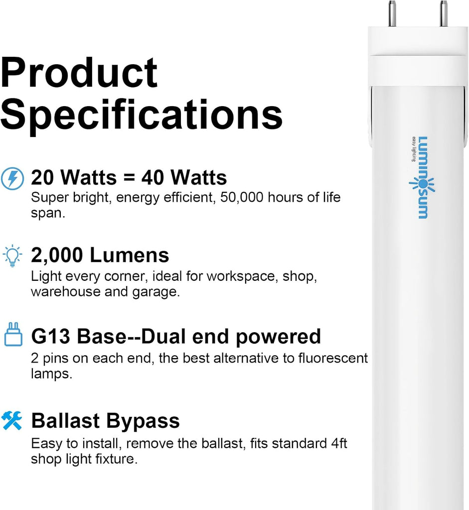 T8 LED Tube Light Bulbs 4 Foot 20W, ETL Listed, 4000K 10 Pack