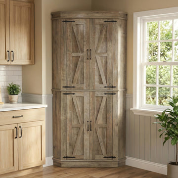 Farmhouse 71"Tall Corner Bar Cabinet,Heavy Duty Corner Kitchen Pantry Cabinet with 4 Doors&Shelves,Freestanding L