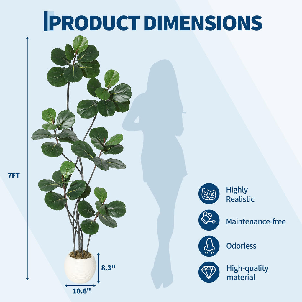 7FT Artificial Ficus Lyrata Tree, Bendable Boughs, Modern White Pot Included, Perfect Living Room Decor Indoor, Tall