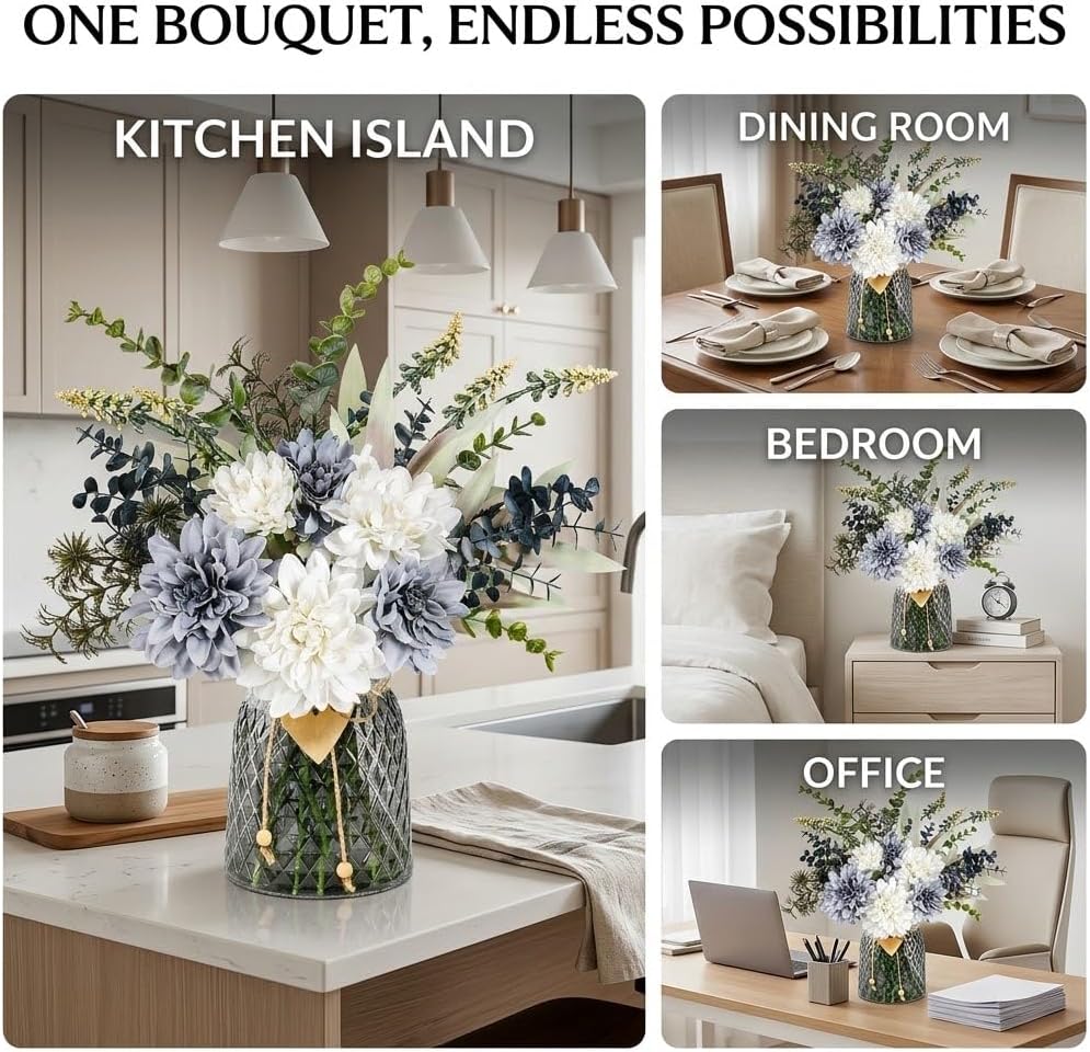 Blue Artificial Flowers with Glass Vase - Realistic Silk Dahlias Hydrangeas Bouquet with Wooden Heart Charm