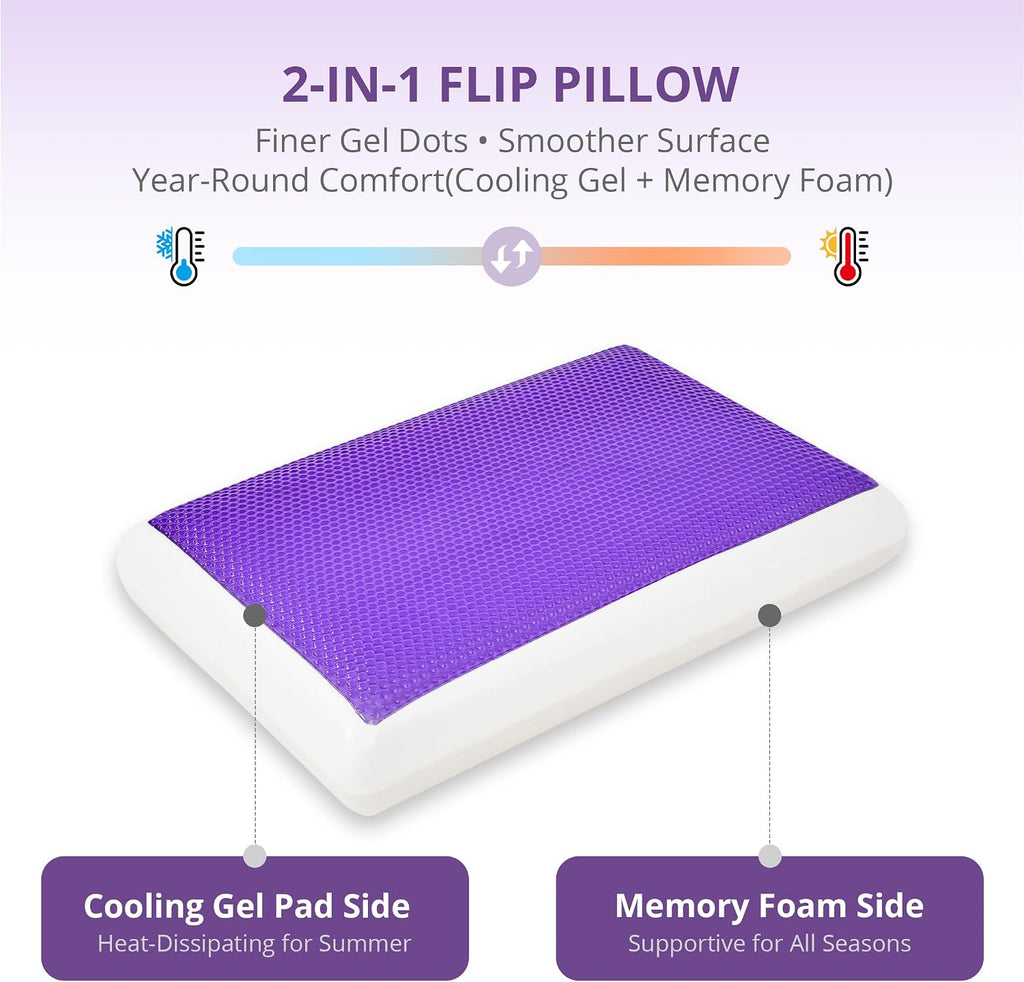 Cooling Gel Memory Foam Pillow for Hot/Side Sleepers, Neck Support, Purple | Ergonomic Pressure Relief, Fits Back &