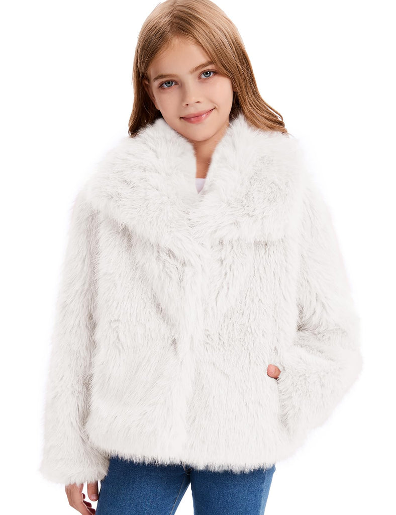 Girls Faux Fur Coat Kids Fluffy Long Sleeve Lapel Collar Open Front Jacket Warm Winter Shaggy Outwear