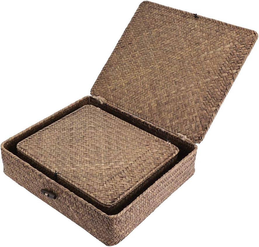 Set of 2 Flat Woven Wicker Storage Bins with Lid Seagrass Basket | Natural Decorative Baskets Multipurpose Home Boxes