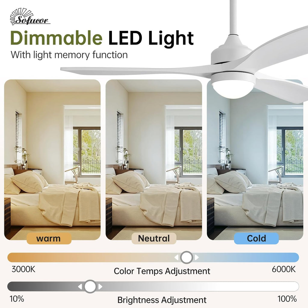 52" Smart Ceiling Fan with Lights and Remote Solid Wood - All White