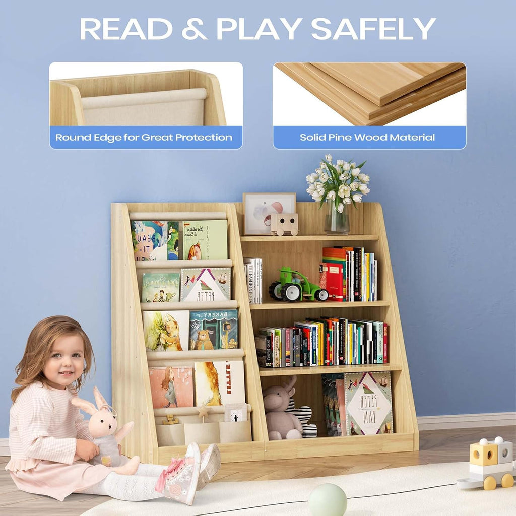 Kids Bookshelf and Toy Storage Organizer, 4 Tier Wooden Kids Book Shelf with Sling Book Rack in Kids Room Playroom