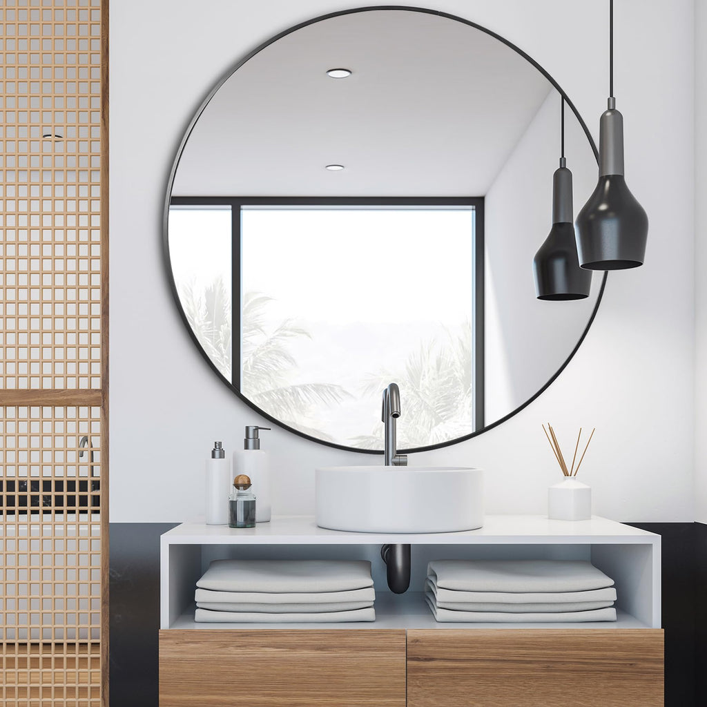Black Round Mirror, 36 Inch Bathroom Vanity Wall Decor Circular Mirror with Metal Frame s, Entryways, Living Room