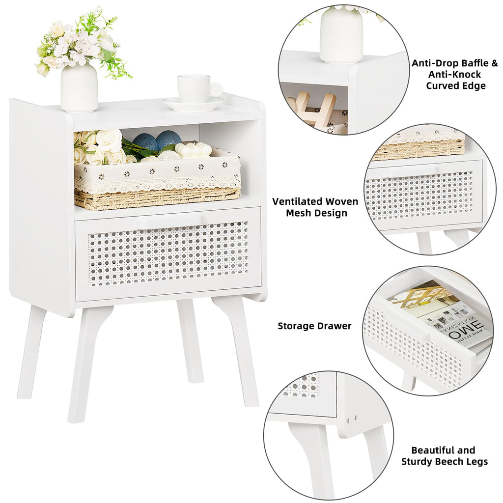 Rattan Nightstands Set of 2, Side Table with Drawer Open Shelf