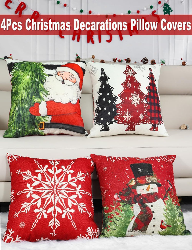 Double-Sided Print Christmas Pillow Covers 16''x16'', 8 Christmas Patterns Christmas Tree, Snowman - Set of 4