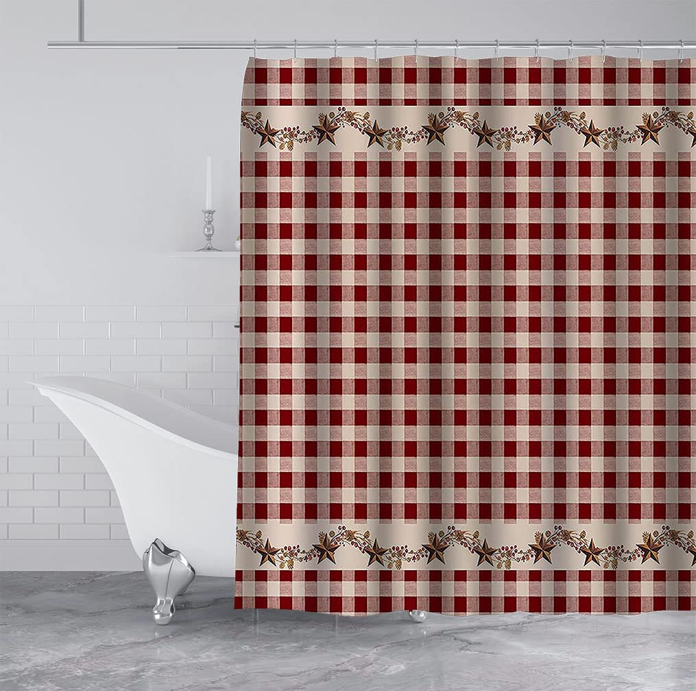 Brown Texas Star Western, Primitive Star Red and Beige Buffalo Plaid Rustic Country Farmhouse Bathroom Decor