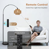 Arc Floor Lamp, Boho Rattan Floor Lamp with Remote, Black Standing Lamp with Dimmable Blub Timer