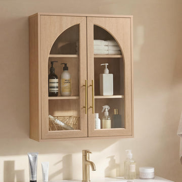 Bathroom Wall Cabinet, 23.5×31.4'' Storage Cabinet, Arched Cabinet Wall Mount with Adjustable Shelf & Glass Doors