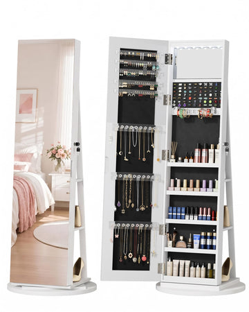 LED Jewelry Cabinet Standing with Frameless Full-Length Mirror, White
