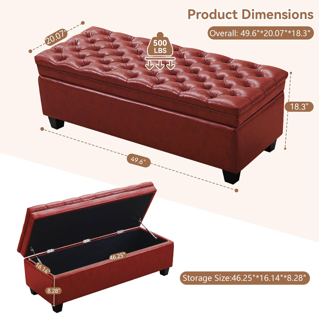50" Faux Leather Storage Ottoman Bench, End of Bed Upholstered Rectangle Storage Ottoman Tufted Living Room Bedroom