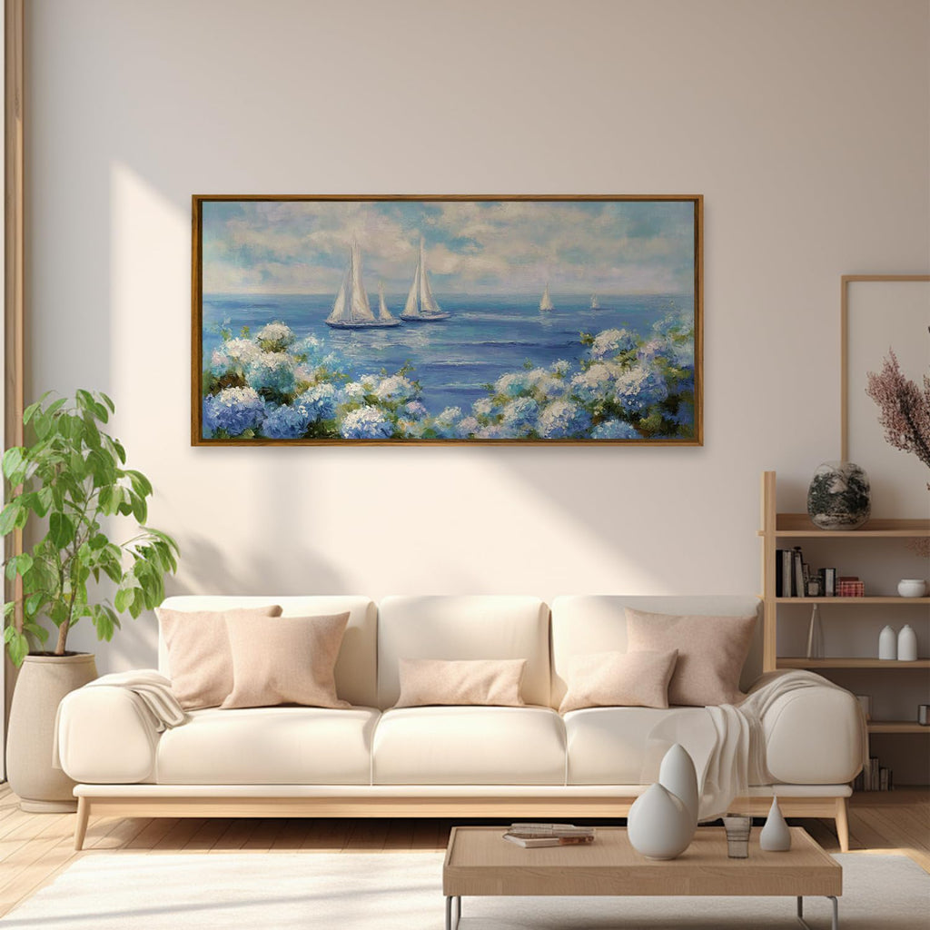 Blue Hydrangea Wall Art Framed Coastal Sailboat Floral Art Print
