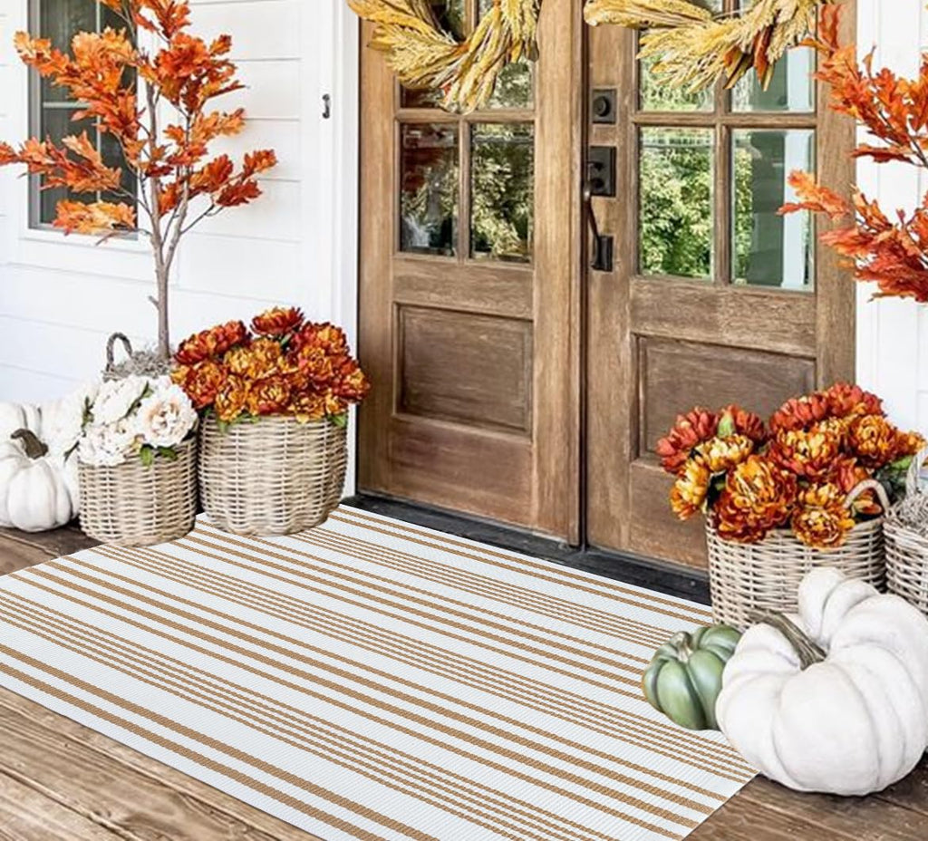 3'x 5'Outdoor Rug, Khaki White Striped Front Porch Mat Indoor Area Rug