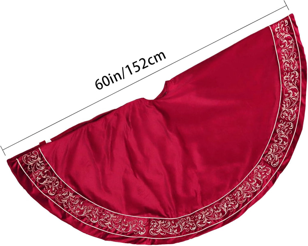 Christmas Tree Skirt 60 inch, Red Luxury Velvet Plush Faux Fur Extra Large Skirts with Golden Embroidered Vintage