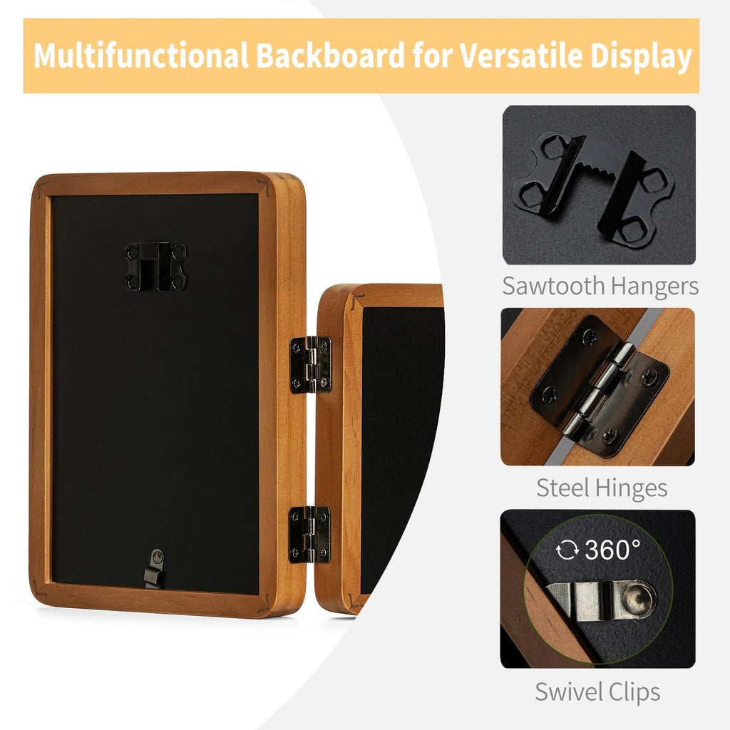 5x7 Double Vertical Horizontal Hinged Foldable Combo Rounded Corner Picture Frame, Walnut-Colored Pine Wood with Real