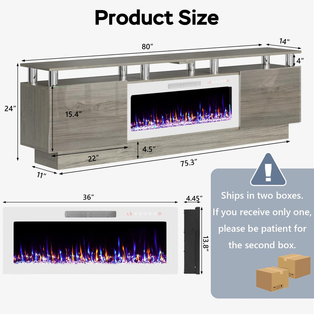 80" Up to 90" TVs, High Gloss Modern Entertainment Center with Storage, Wood Media Console Cabinet with 36" Fireplace