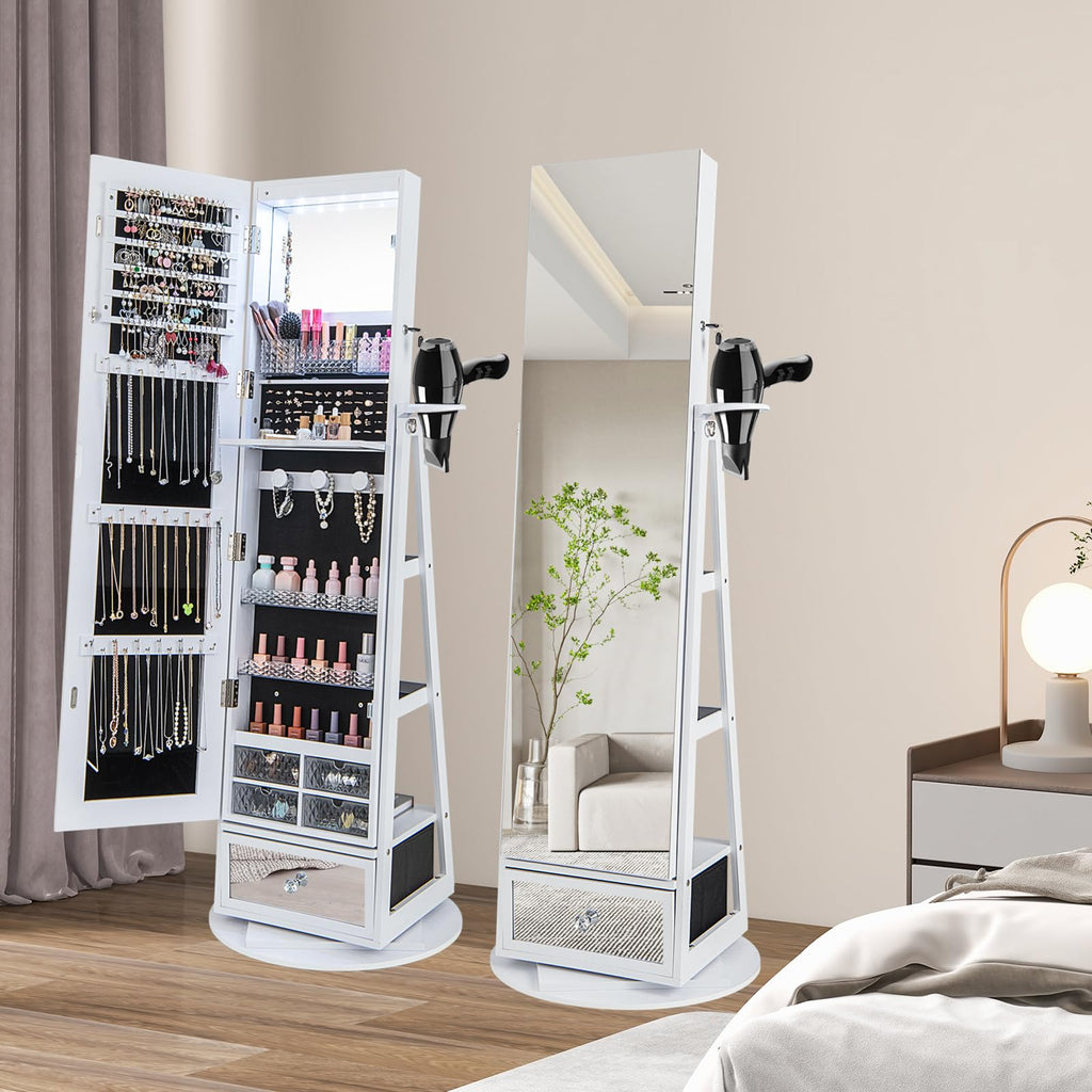 Jewelry Armoire with Full Length Mirror, 360° Lockable Jewelry Organizer W/ 6 LEDs, Rear Storage Shelves, Large